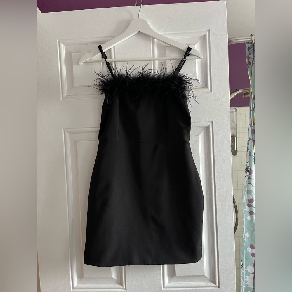 Edikted black feather mini dress.
